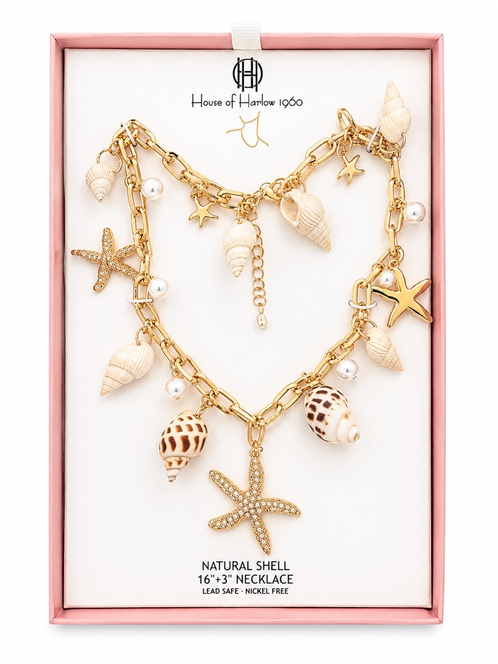 House of Harlow Coastal Shell Starfish Charm Gold Statement Boho Necklace
